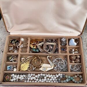 Estate Sale Jewelry Box & Contents Rings Necklaces Pins Earrings Bracelets Pins